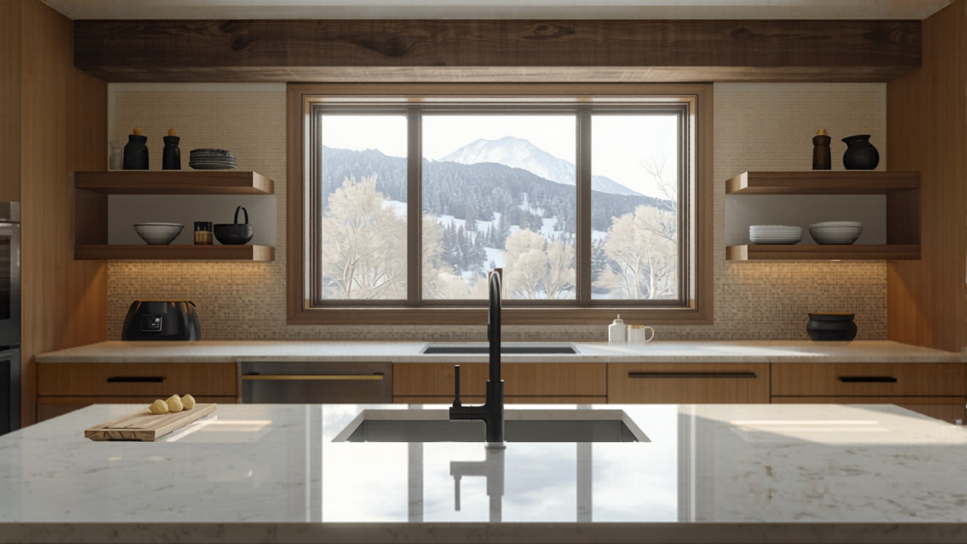 Mountain-modern kitchen remodel with white-oak cabinetry and a snowy aspen view