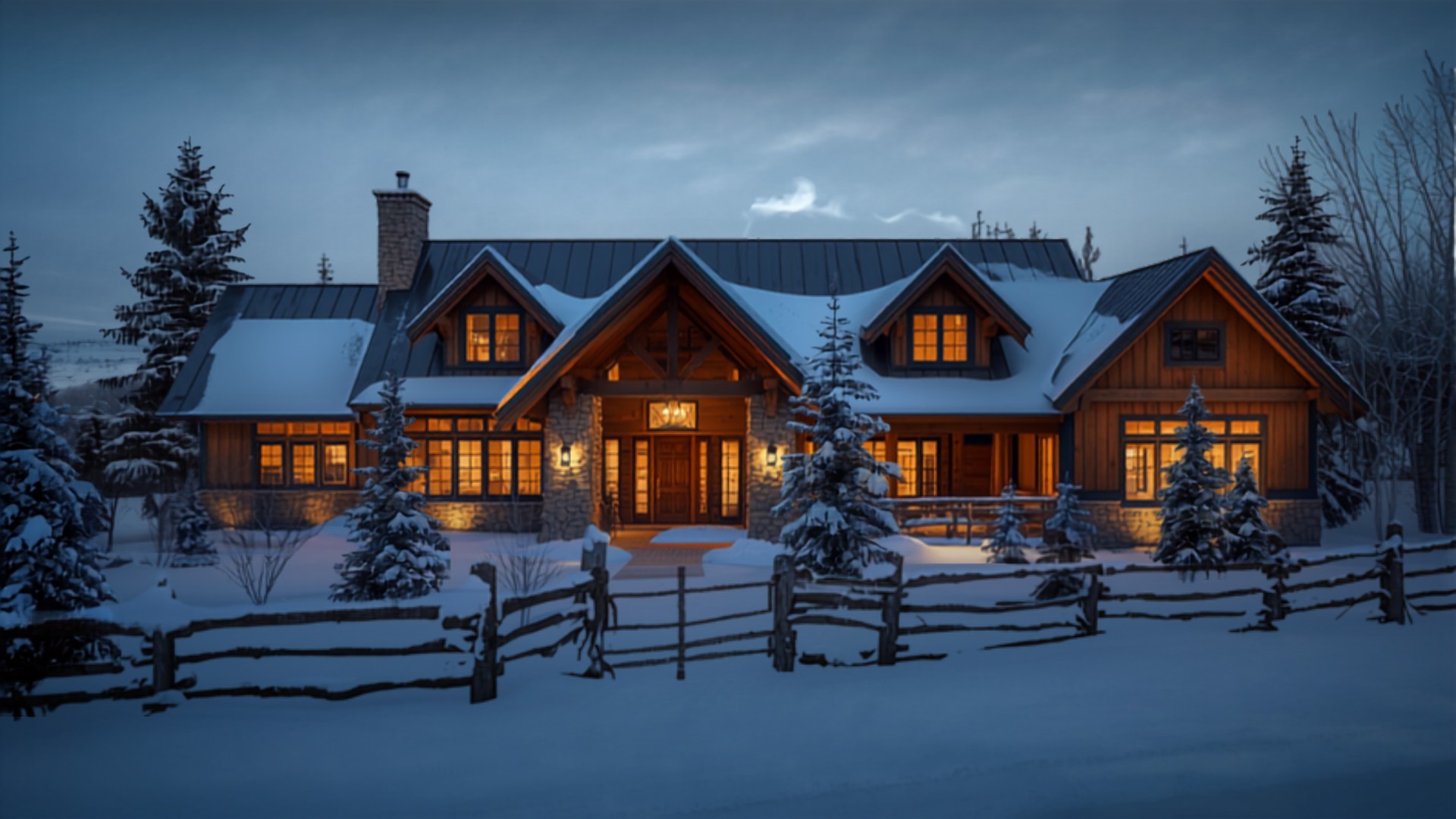 Timber and stone mountain home in deep winter with a standing-seam metal roof
